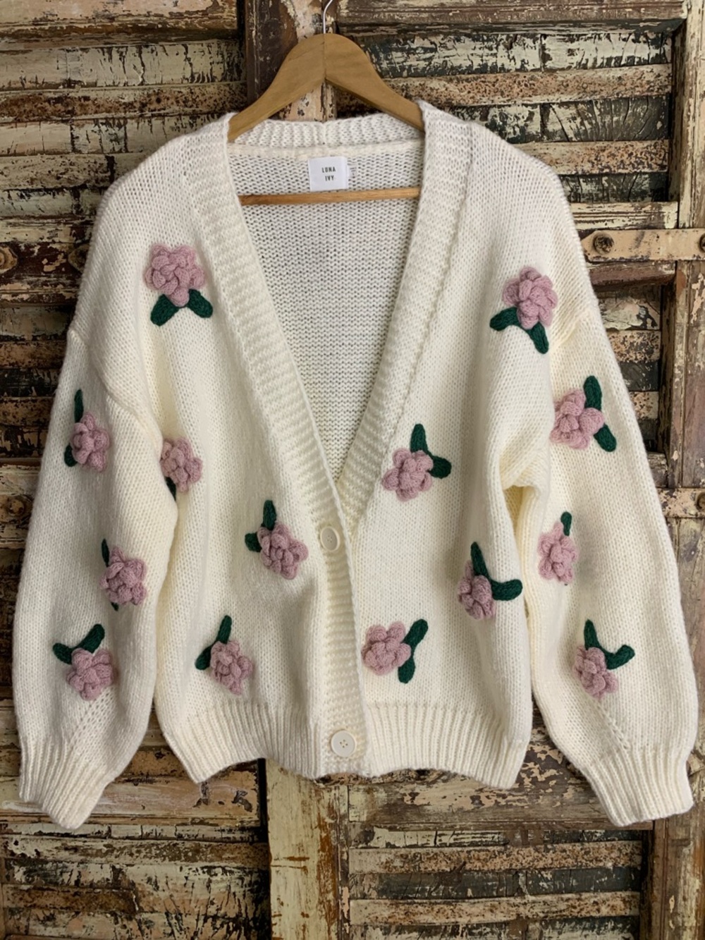 Anthropologie Luna Ivy Cream Floral 3D Rose Floral Knit Cardigan Sweater, L